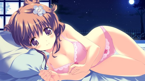 Anime picture 1280x720 with hoshi no ouji-kun amanatsu purin qp:flapper light erotic brown hair wide image brown eyes game cg hair flower night underwear only girl hair ornament underwear panties moon