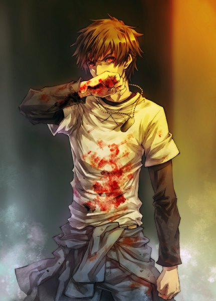 Anime picture 800x1114 with togainu no chi nitro+chiral keisuke (tnc) single tall image short hair simple background red eyes brown hair smoke hand to mouth frown boy pendant blood fist