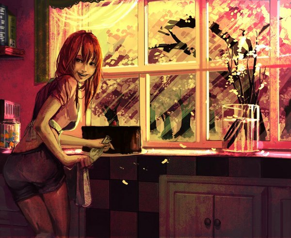 Anime picture 1024x841 with original genki-de long hair open mouth smile red eyes red hair looking back landscape girl plant (plants) tree (trees) shorts window sweets apron cake