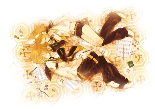 Anime picture 1300x919 with vocaloid kagamine rin kagamine len blonde hair eyes closed couple sleeping girl detached sleeves shorts headphones