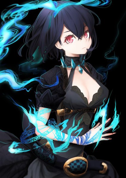 Anime picture 729x1032 with sinoalice alice (sinoalice) narue single tall image looking at viewer fringe short hair black hair simple background hair between eyes red eyes cleavage glowing black background girl headband