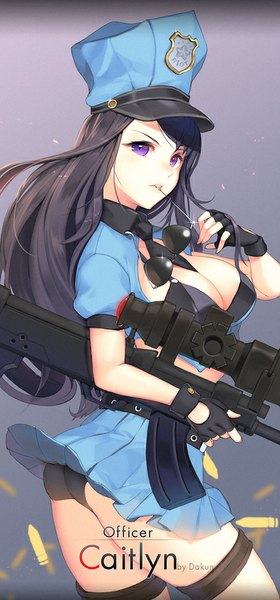 Anime picture 450x964 with league of legends caitlyn (league of legends) officer caitlyn dakun87 (artist) single long hair tall image looking at viewer breasts light erotic black hair simple background purple eyes sunglasses removed girl skirt gloves uniform underwear panties
