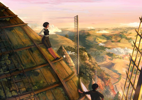 Anime picture 1354x957 with original kuchibiru (lipblue) short hair black hair sitting sky cloud (clouds) mountain landscape girl boy roof ladder windmill