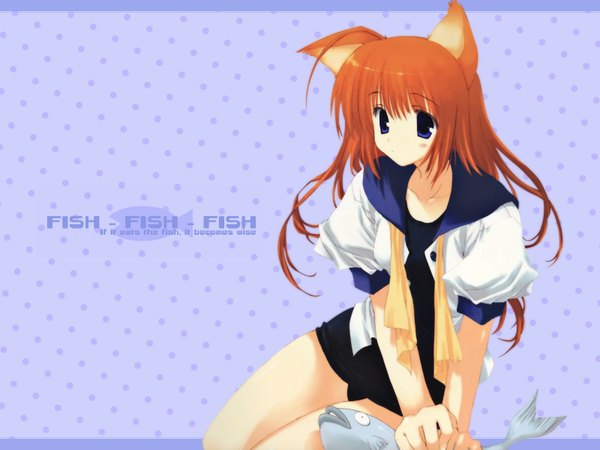 Anime picture 1600x1200 with original mitsumi misato single long hair looking at viewer blue eyes sitting animal ears orange hair cat girl polka dot polka dot background swimsuit under clothes girl swimsuit animal one-piece swimsuit fish (fishes)