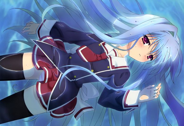 Anime picture 5971x4095 with cube x cursed x curious megami magazine silver link fear kubrick long hair highres red eyes blue hair absurdres official art loli girl thighhighs uniform black thighhighs school uniform water