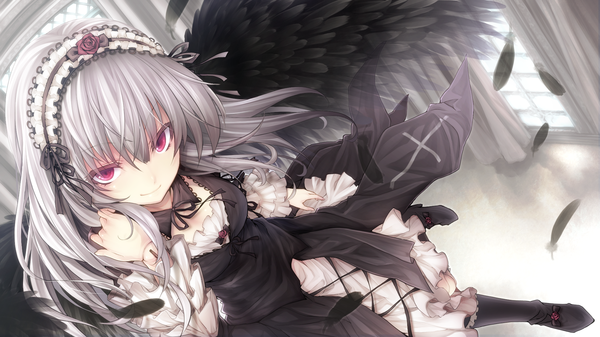 Anime picture 1920x1080 with rozen maiden suigintou tousen single long hair looking at viewer blush highres smile wide image purple eyes silver hair flying black wings lolita fashion goth-loli weightlessness gothic doll joints girl