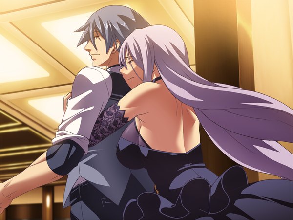 Anime picture 1024x768 with hotel (game) long hair short hair purple eyes bare shoulders game cg grey hair couple girl dress boy