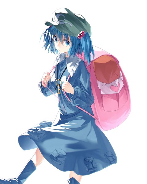 Anime picture 1200x1500 with touhou kawashiro nitori ibuki notsu single tall image looking at viewer short hair blue eyes simple background white background blue hair two side up girl skirt hair ornament skirt set hair tie backpack flat cap hair bobbles