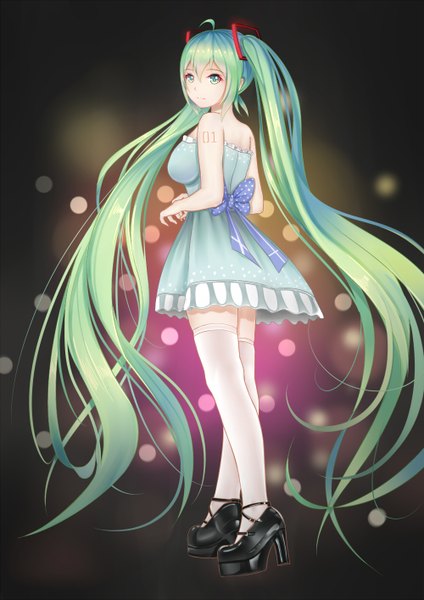 Anime picture 1000x1414 with vocaloid hatsune miku kr (sapphire) single tall image looking at viewer twintails very long hair looking back aqua eyes aqua hair girl thighhighs dress hair ornament white thighhighs