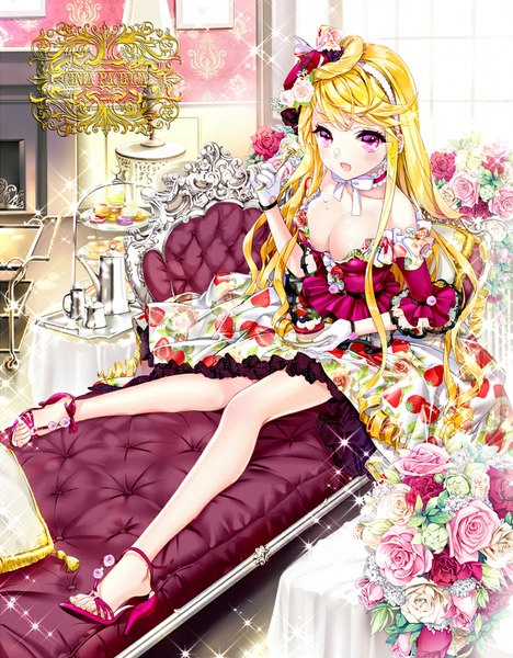 Anime picture 780x1000 with sword girls cinia pacifica cocoon (loveririn) long hair tall image looking at viewer blush breasts open mouth light erotic blonde hair large breasts bare shoulders pink eyes girl dress gloves flower (flowers) frills rose (roses)
