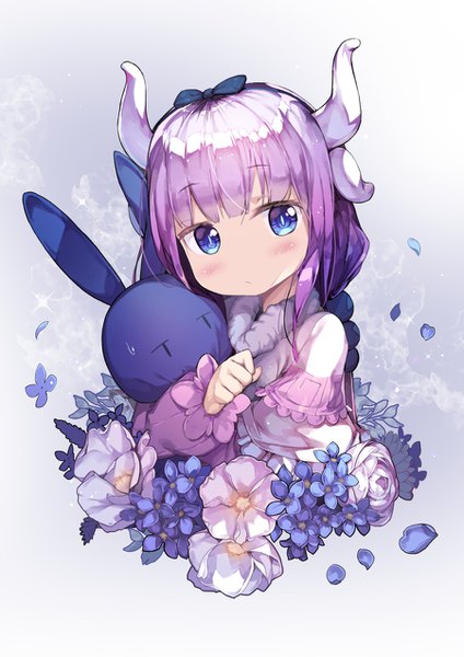 Anime picture 900x1273 with kobayashi-san chi no maidragon kyoto animation kanna kamui newey single long hair tall image blush fringe blue eyes simple background twintails holding payot purple hair upper body blunt bangs horn (horns) grey background low twintails