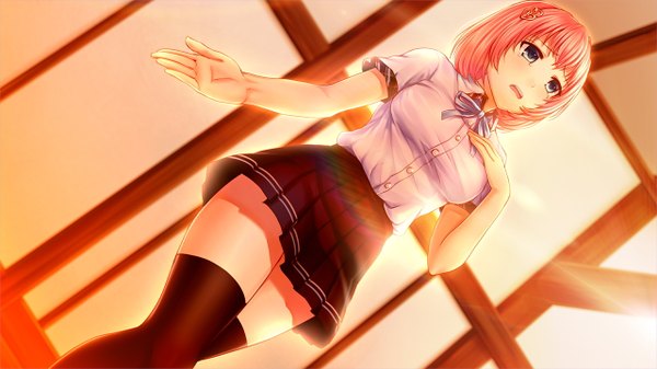 Anime picture 1280x720 with ayame no machi to ohimesama kazuharu kina single blush short hair breasts open mouth blue eyes wide image large breasts looking away pink hair game cg teeth evening sunset girl thighhighs skirt uniform
