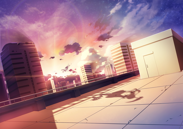 Anime picture 1754x1240 with shinigami no ballad momo (shinigami no ballad) ame no uta (aria-rain) highres sky cloud (clouds) sunlight shadow city evening sunset cityscape sunbeam building (buildings) roof