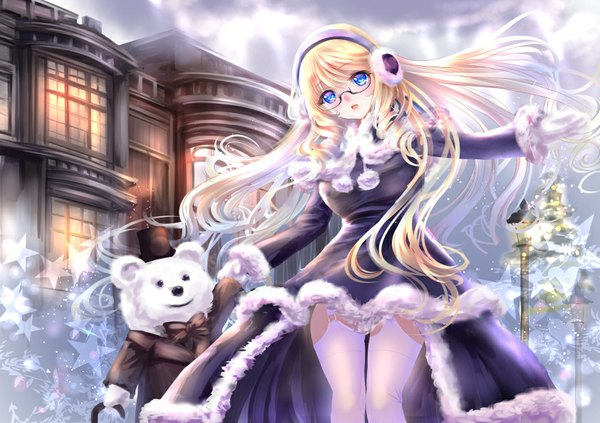 Anime picture 842x595 with original ponytail korosuke single looking at viewer open mouth blue eyes blonde hair very long hair girl thighhighs dress white thighhighs glasses toy stuffed animal teddy bear earmuffs