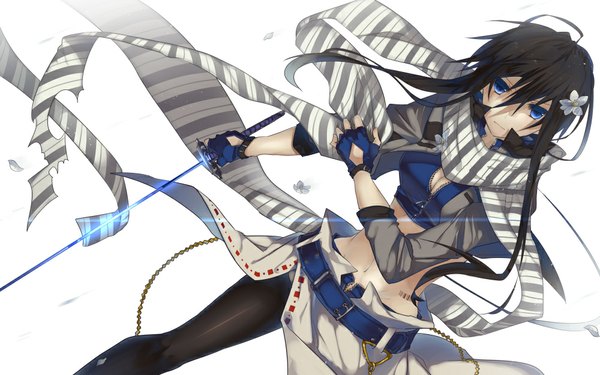 Anime picture 1000x625 with original teigi single long hair fringe blue eyes black hair simple background white background holding cleavage hair flower black eyes midriff glowing glowing weapon girl gloves navel hair ornament