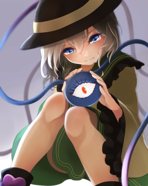 Anime picture 637x800 with touhou komeiji koishi nemunemu (bluelight5) single tall image short hair blue eyes simple background grey hair grey background girl hat teardrop clothes eye