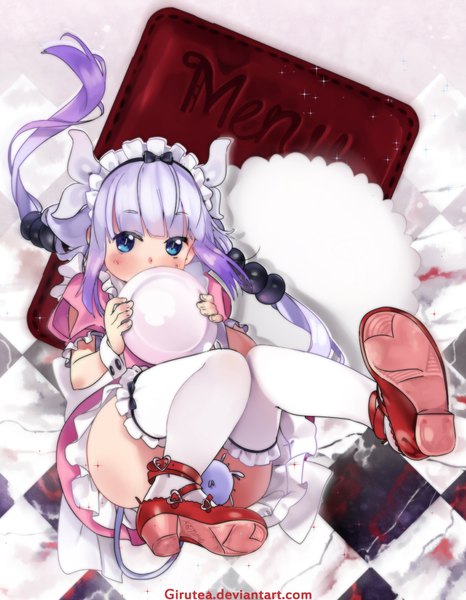 Anime picture 700x900 with kobayashi-san chi no maidragon kyoto animation kanna kamui girutea single long hair tall image looking at viewer blue eyes light erotic holding signed purple hair bent knee (knees) horn (horns) maid puffy sleeves soles slit pupils covered mouth