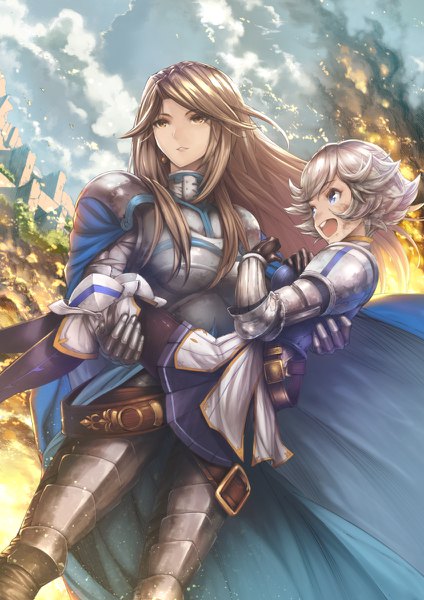 Anime picture 848x1200 with granblue fantasy katalina aryze farrah (granblue fantasy) ryouku long hair tall image looking at viewer fringe short hair open mouth blue eyes brown hair standing multiple girls brown eyes looking away sky silver hair outdoors dutch angle