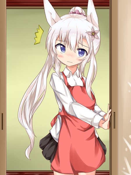 Anime picture 1125x1500 with original numatoohu single long hair tall image looking at viewer blush fringe blue eyes hair between eyes standing animal ears white hair ponytail indoors pleated skirt hair flower fox ears fox girl wavy mouth
