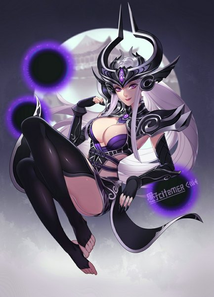 Anime picture 688x952 with league of legends syndra gu-ko citemer single long hair tall image breasts light erotic simple background large breasts purple eyes silver hair very long hair nail polish fingernails light smile long fingernails girl clothes