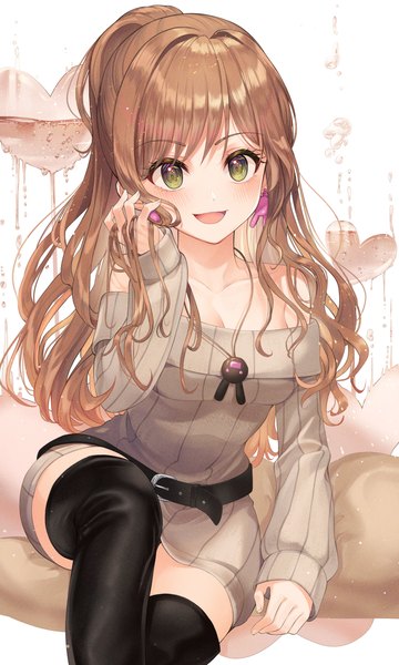 Anime picture 3000x5000 with bang dream! imai lisa liso single long hair tall image looking at viewer blush fringe highres breasts open mouth simple background brown hair white background sitting green eyes payot bent knee (knees) ponytail