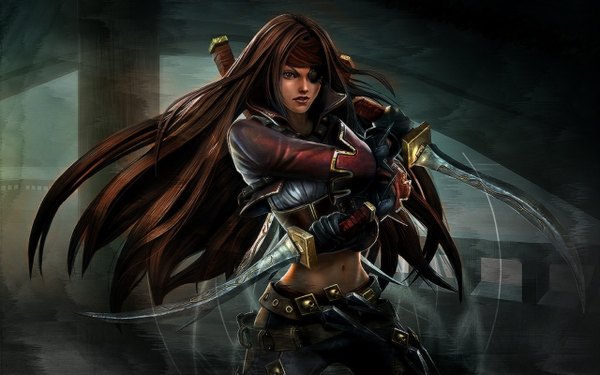 Anime picture 2560x1600 with league of legends katarina (league of legends) single long hair highres brown hair wide image pirate girl navel weapon hairband eyepatch knife watercraft dagger ship