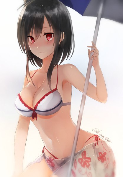 Anime picture 1425x2048 with kantai collection yamashiro battleship sakiryo kanna single long hair tall image looking at viewer blush fringe breasts light erotic black hair simple background hair between eyes red eyes large breasts standing white background bare shoulders holding