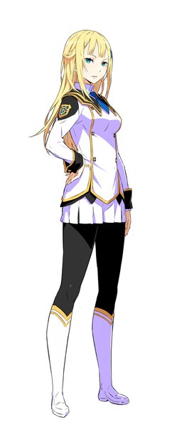 Anime picture 2000x4500 with conception: ore no kodomo wo undekure! feene ootsuka shin'ichirou single long hair tall image looking at viewer highres breasts blue eyes simple background blonde hair standing white background long sleeves official art zettai ryouiki hand on hip eyebrows serious