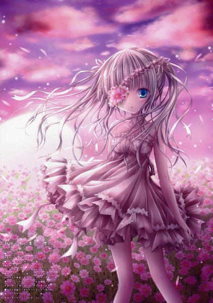 Anime picture 2434x3458 with original mubi alice single long hair tall image highres blue eyes twintails silver hair cloud (clouds) scan loli girl dress flower (flowers) petals eyepatch