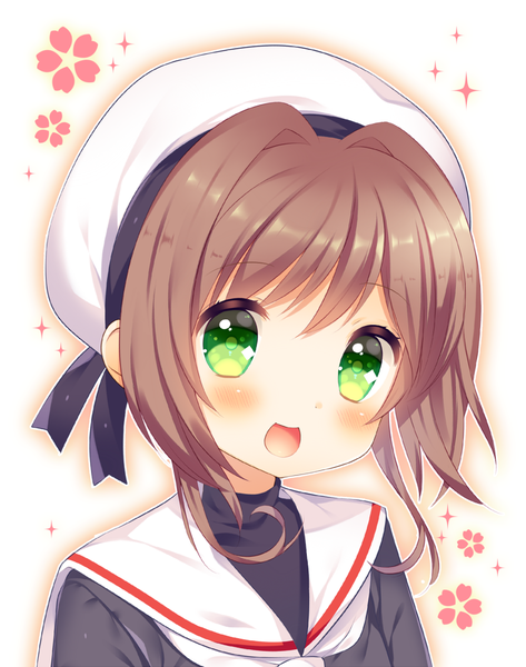 Anime picture 900x1140 with card captor sakura clamp kinomoto sakura natsume asato single tall image blush short hair open mouth brown hair green eyes looking away sparkle portrait girl uniform serafuku beret flower (symbol)