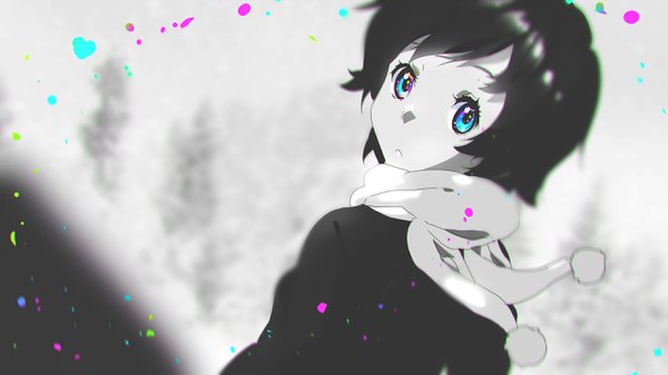 Anime picture 2560x1440 with original tom skender single looking at viewer highres short hair black hair wide image parted lips looking back aqua eyes wind from behind blurry :o monochrome girl scarf pom pom (clothes) winter clothes