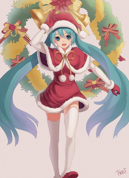 Anime picture 1300x1789 with vocaloid hatsune miku fkey single long hair tall image fringe open mouth simple background hair between eyes standing twintails signed aqua eyes aqua hair fur trim christmas girl thighhighs white thighhighs