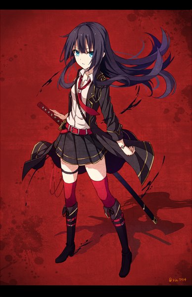 Anime picture 722x1116 with original rin yuu single long hair tall image looking at viewer blue eyes black hair signed purple hair ahoge pleated skirt multicolored hair shadow zettai ryouiki gradient hair open collar red background sheathed blood stains