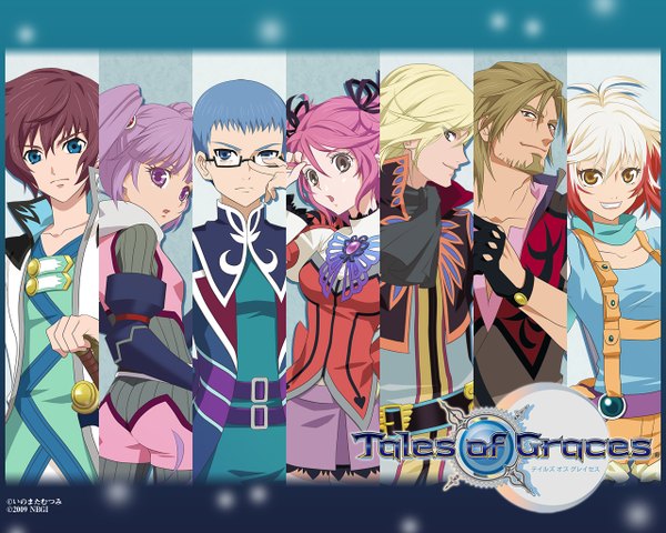 Anime picture 1280x1024 with tales of graces sophie (tales) asbel lhant cheria barnes richard (tales) pascal hubert ozwell malik caesars short hair open mouth blue eyes blonde hair smile brown hair twintails multiple girls brown eyes pink hair purple hair pink eyes