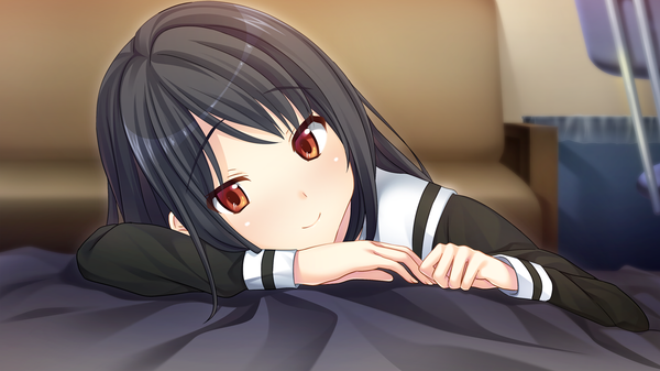 Anime picture 1280x720 with houkago no futekikakusha suenaga haruka (houkago no futekikakusha) single long hair looking at viewer black hair smile red eyes wide image game cg girl boy uniform school uniform