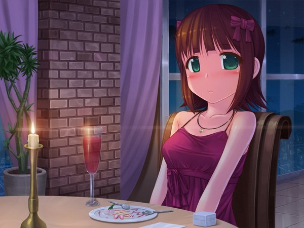 Anime picture 1600x1200 with idolmaster amami haruka kageira blush short hair brown hair green eyes girl dress bow hair bow food pendant candle (candles) wine glass