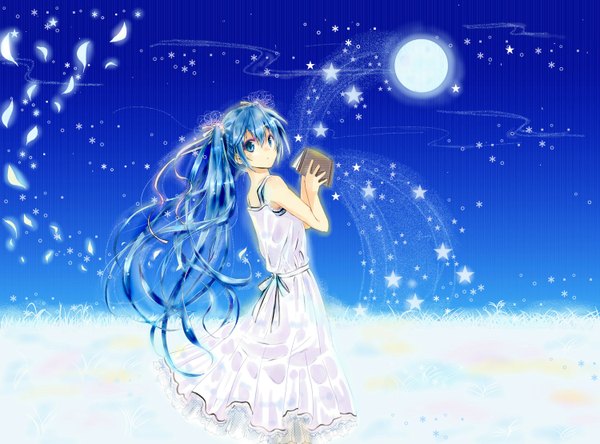 Anime picture 1500x1110 with vocaloid hatsune miku kobasa single long hair blue eyes twintails blue hair looking back girl star (stars) sundress