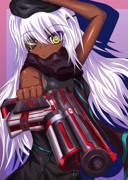 Anime picture 1200x1680 with original yui77 (artist) long hair tall image looking at viewer bare shoulders yellow eyes white hair light smile shadow dark skin girl scarf gun eyepatch pistol
