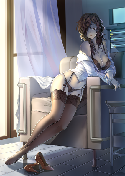 Anime picture 1000x1414 with black bullet kinema citrus sumire muroto andy h single long hair tall image looking at viewer fringe breasts open mouth light erotic brown hair large breasts sitting bare shoulders brown eyes indoors hair over one eye shadow