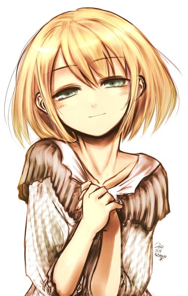 Anime picture 1294x2032 with original kotoba noriaki single tall image blush short hair simple background blonde hair white background green eyes signed girl