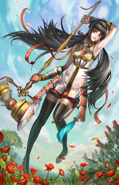 Anime picture 3204x4961 with original liou le single long hair tall image highres black hair twintails absurdres sky cloud (clouds) armpit (armpits) girl thighhighs gloves hair ornament flower (flowers) weapon black thighhighs petals