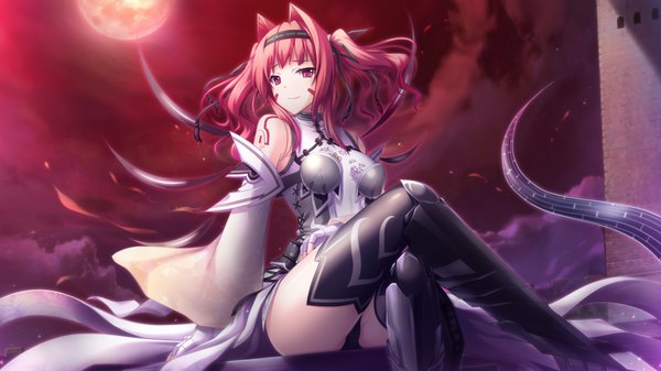 Anime picture 1280x720 with madou koukaku eushully short hair light erotic red eyes wide image bare shoulders game cg red hair crossed legs pantyshot sitting red moon girl thighhighs dress black thighhighs detached sleeves hairband