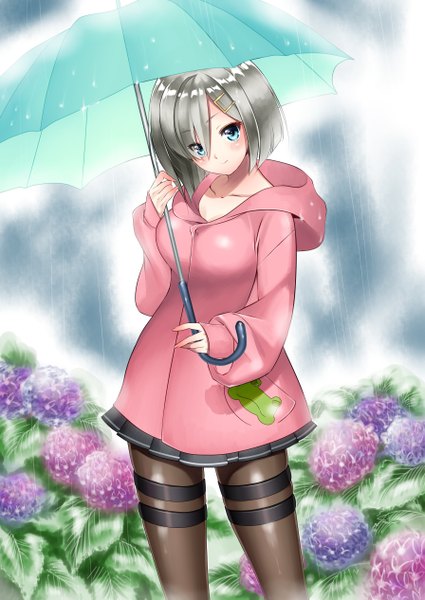 Anime picture 3582x5059 with kantai collection hamakaze destroyer meteolance single tall image looking at viewer blush highres short hair breasts blue eyes smile standing holding absurdres silver hair pleated skirt grey hair rain girl