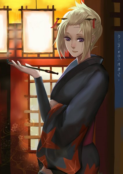 Anime picture 818x1157 with gintama sunrise (studio) tsukuyo (gintama) gu-ko citemer single tall image looking at viewer short hair blonde hair standing purple eyes holding traditional clothes japanese clothes profile scar smoke folded ponytail hair ornament earrings