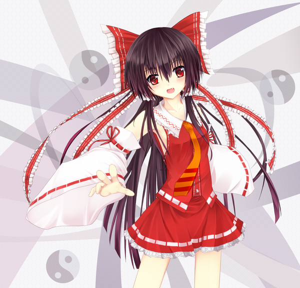 Anime picture 1875x1800 with touhou hakurei reimu niboss single long hair blush highres open mouth black hair red eyes teeth fang (fangs) miko girl skirt bow hair bow detached sleeves miniskirt red skirt