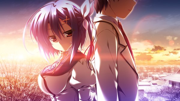 Anime picture 1280x720 with 12 no tsuki no eve shiina anzu looking at viewer short hair black hair red eyes wide image blue hair game cg evening sunset back to back girl boy uniform bow hair bow school uniform