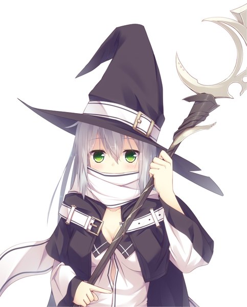 Anime picture 707x877 with original nagishiro mito single tall image looking at viewer white background green eyes white hair fantasy girl dress hat scarf witch hat staff