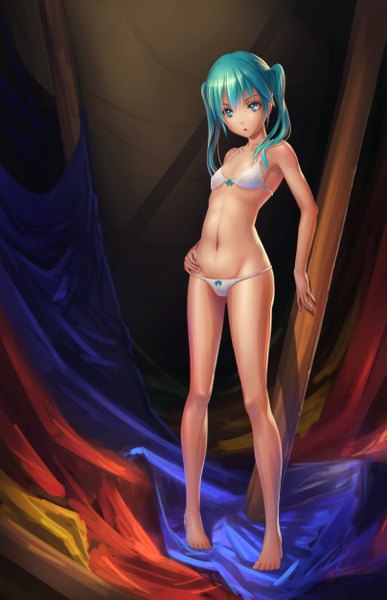 Anime picture 1614x2500 with vocaloid hatsune miku pinakes single long hair tall image open mouth light erotic standing twintails bare shoulders barefoot aqua eyes aqua hair bare legs hand on hip underwear only girl navel underwear