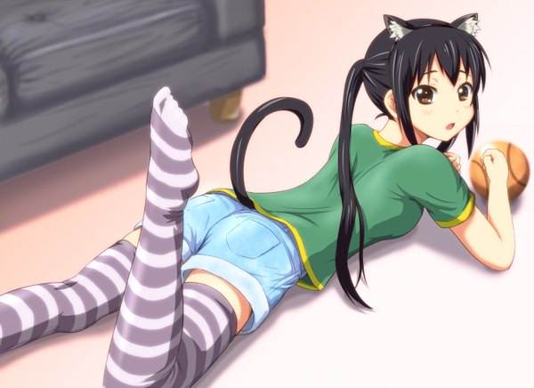 Anime picture 1450x1054 with k-on! kyoto animation nakano azusa diesel-turbo long hair open mouth black hair brown eyes animal ears animal tail looking back cat ears cat tail striped girl thighhighs shorts striped thighhighs ball