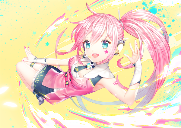 Anime picture 1000x707 with vocaloid uni (vocaloid) saban single long hair looking at viewer fringe open mouth blue eyes simple background pink hair ahoge bent knee (knees) nail polish head tilt from above teeth tattoo facial mark side ponytail